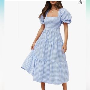 Women’s Medium Bohemian Plaid Square Neck Puff Sleeve Ruffle Flowy Midi Dress